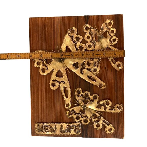 Brutalist Brass Butterfly Sculpture On Wood Wall Hanging Decor - Picture 4 of 4